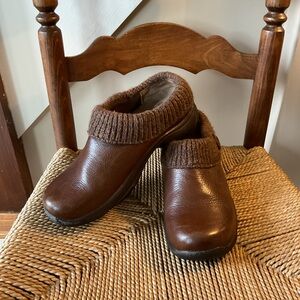 Dansko Brown Leather Mules with Knit Cuff